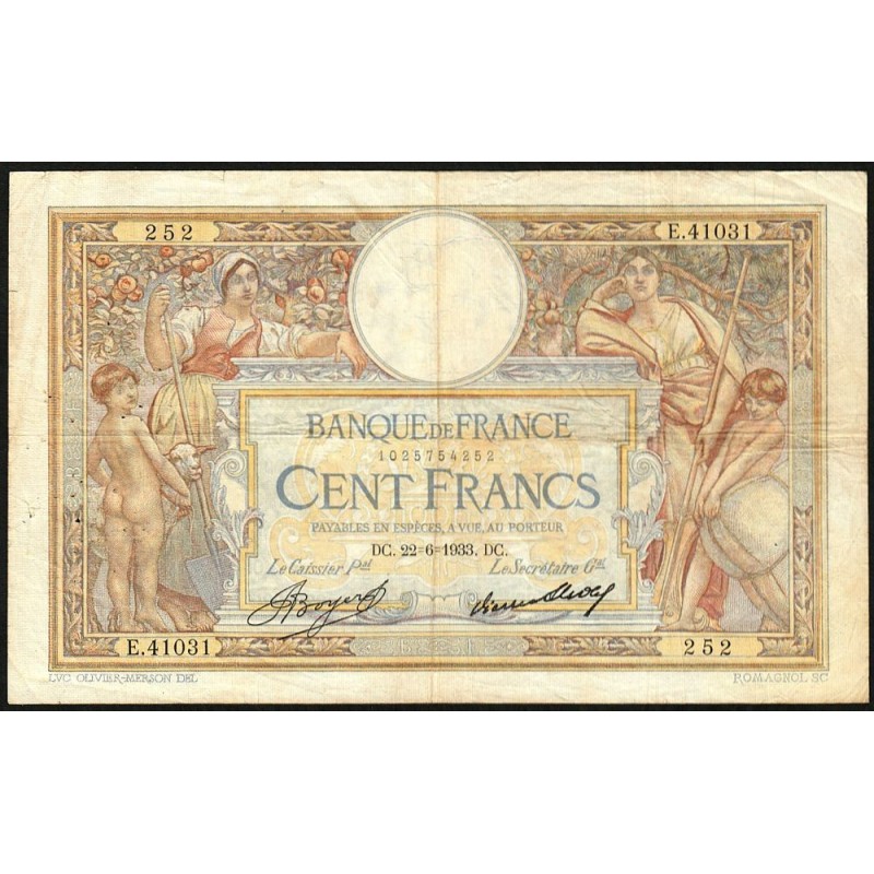 F 24-12a - 26/05/1933 - 100 francs - Merson grands cartouches - Série E.41031 - Etat : TB