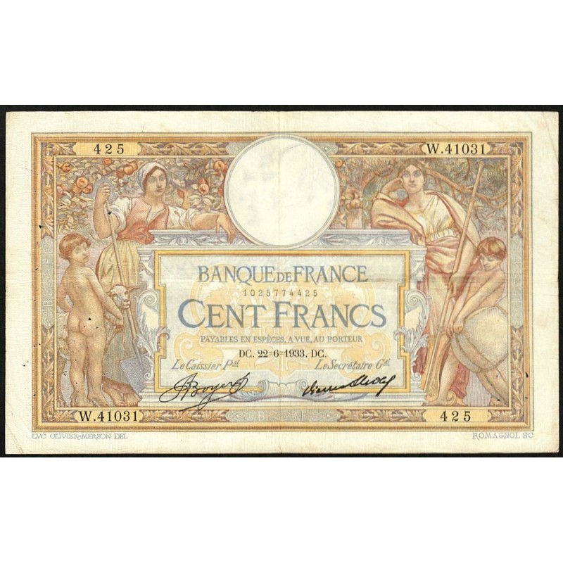 F 24-12a - 26/05/1933 - 100 francs - Merson grands cartouches - Série W.41031 (remplacem.) - Etat : TB+