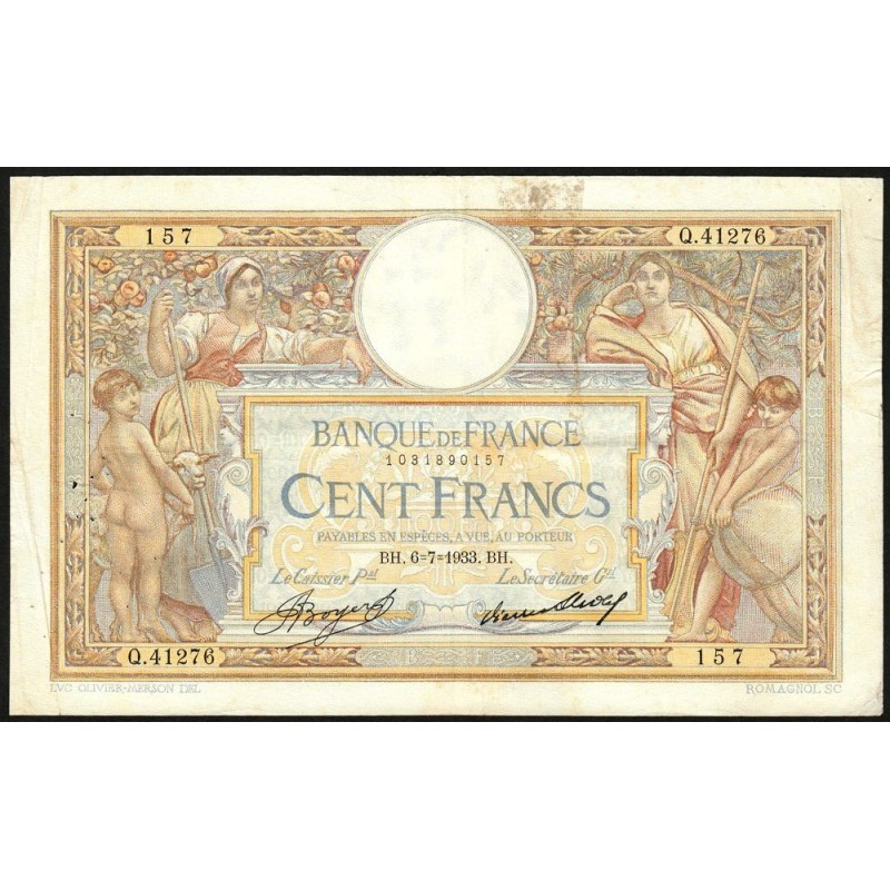 F 24-12a - 06/07/1933 - 100 francs - Merson grands cartouches - Série Q.41276 - Etat : TB+