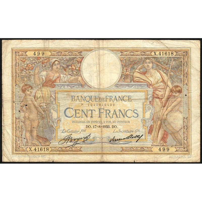 F 24-12a - 17/08/1933 - 100 francs - Merson grands cartouches - Série X.41618 - Etat : B+