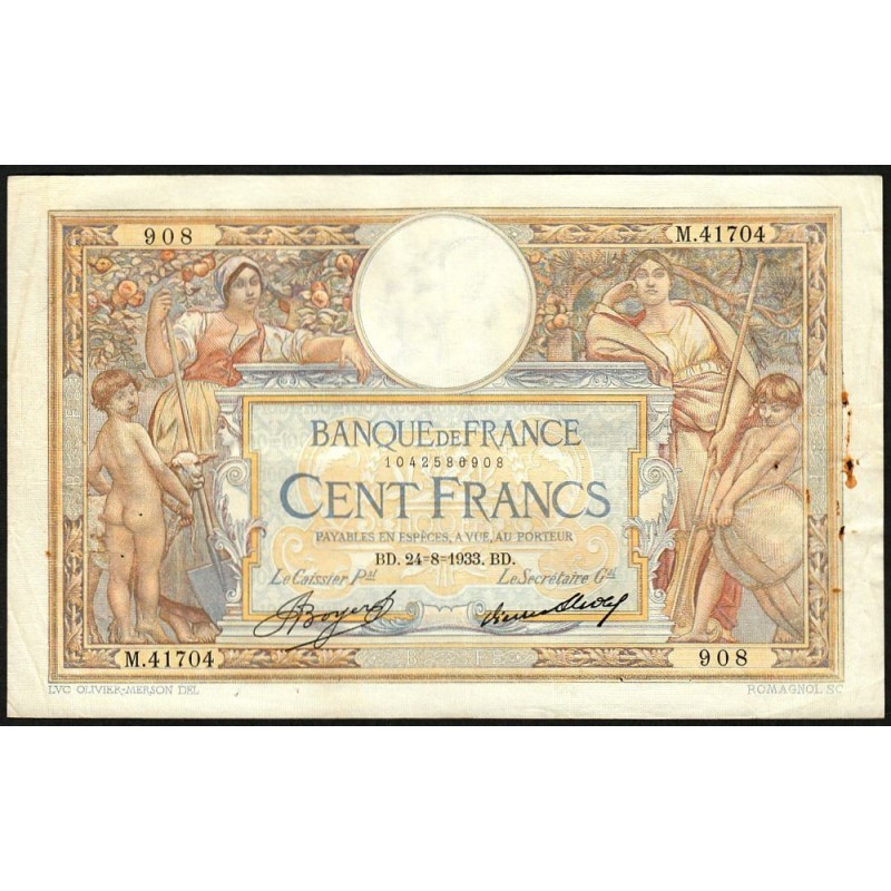 F 24-12a - 24/08/1933 - 100 francs - Merson grands cartouches - Série M.41704 - Etat : TTB-