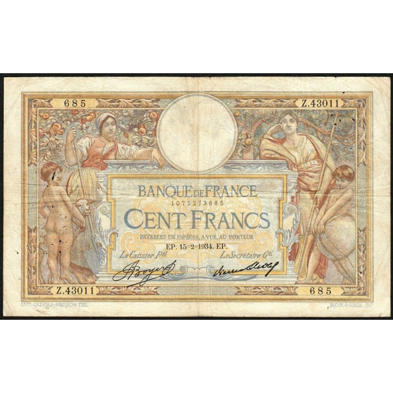 F 24-13 - 15/02/1934 - 100 francs - Merson grands cartouches - Série Z.43011 - Etat : TB
