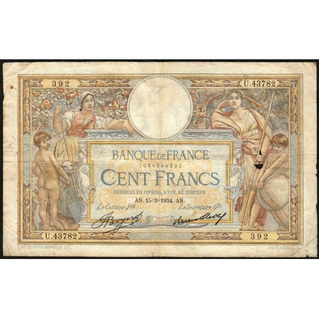 F 24-13 - 15/03/1934 - 100 francs - Merson grands cartouches - Série U.43782 - Etat : B