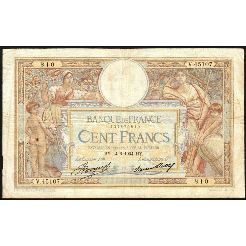 F 24-13 - 14/06/1934 - 100 francs - Merson grands cartouches - Série V.45107 - Etat : TB-