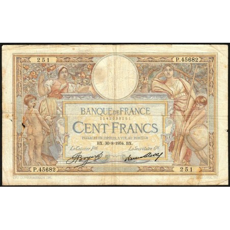 F 24-13 - 30/08/1934 - 100 francs - Merson grands cartouches - Série P.45682 - Etat : B+