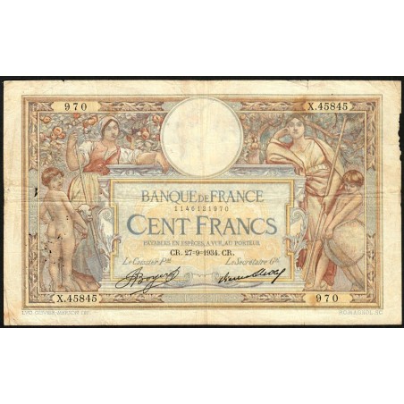 F 24-13 - 27/09/1934 - 100 francs - Merson grands cartouches - Série X.45845 - Etat : TB-