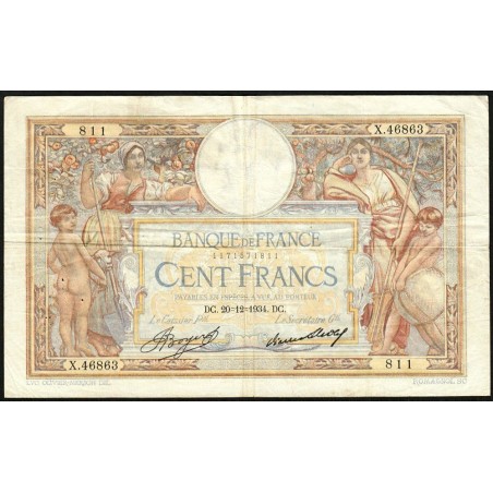 F 24-13 - 20/12/1934 - 100 francs - Merson grands cartouches - Série X.46863 - Etat : TB+