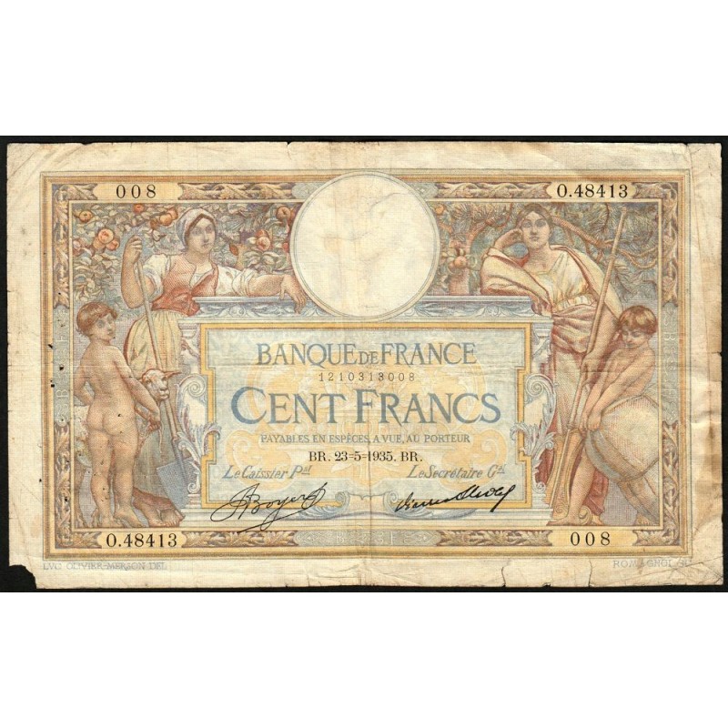 F 24-14 - 23/05/1935 - 100 francs - Merson grands cartouches - Série O.48413 - Etat : B