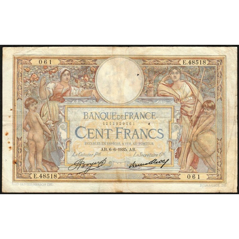 F 24-14 - 06/06/1935 - 100 francs - Merson grands cartouches - Série E.48518 - Etat : TB-