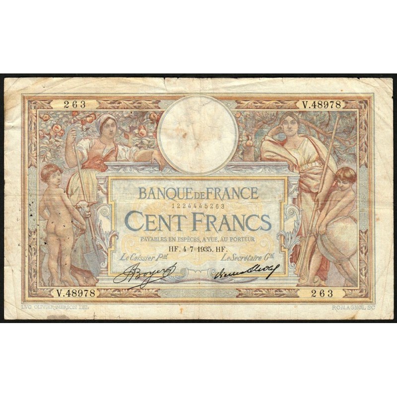 F 24-14 - 04/07/1935 - 100 francs - Merson grands cartouches - Série V.48978 - Etat : TB-