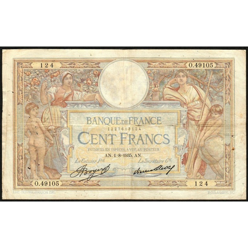 F 24-14 - 01/08/1935 - 100 francs - Merson grands cartouches - Série O.49105 - Etat : TB
