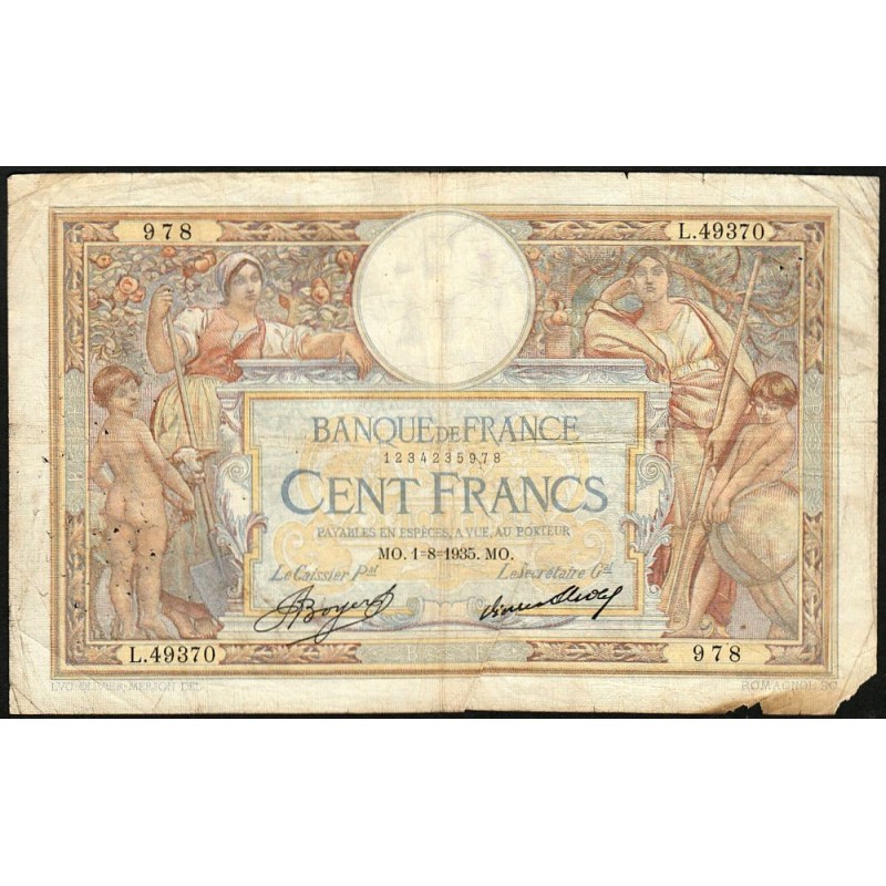 F 24-14 - 01/08/1935 - 100 francs - Merson grands cartouches - Série L.49370 - Etat : B+