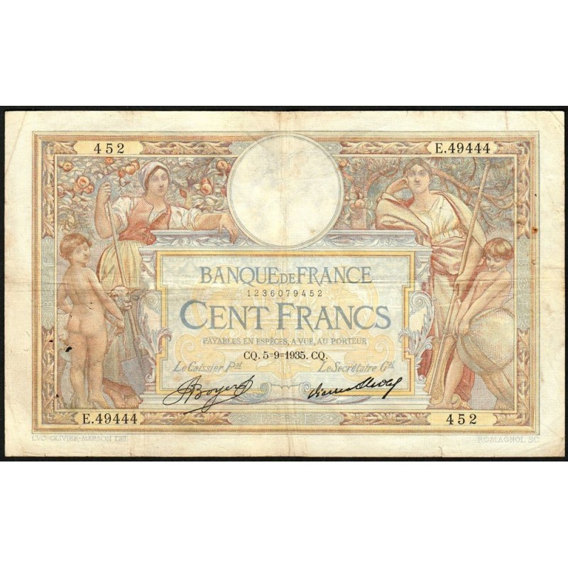 F 24-14 - 05/09/1935 - 100 francs - Merson grands cartouches - Série E.49444 - Etat : TB