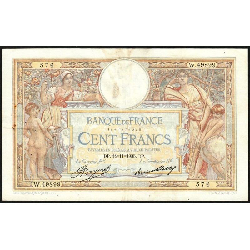 F 24-14 - 14/11/1935 - 100 francs - Merson grands cartouches - Série W.49899 - Remplacem. - Etat : TTB-