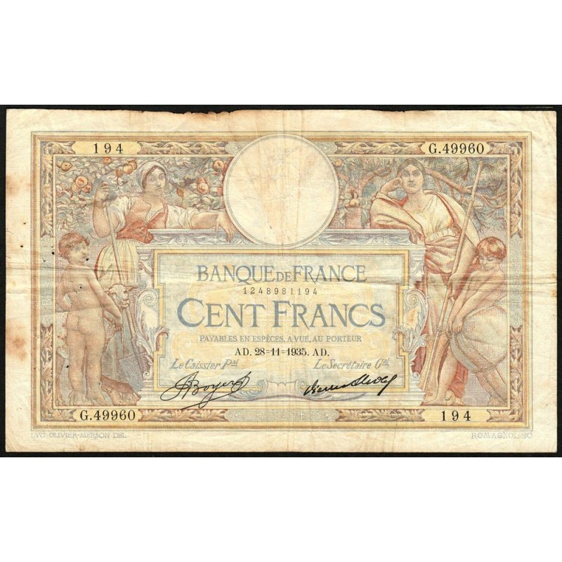 F 24-14 - 28/11/1935 - 100 francs - Merson grands cartouches - Série G.49960 - Etat : TB-