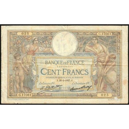 F 24-06 - 26/02/1927 - 100 francs - Merson grands cartouches - Série G.17061 - Etat : TB-