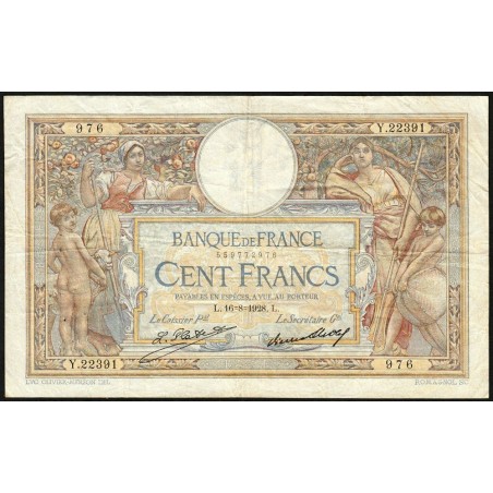 F 24-07 - 16/08/1928 - 100 francs - Merson grands cartouches - Série Y.22391 - Etat : TB+