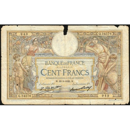 F 24-08 - 22/03/1929 - 100 francs - Merson grands cartouches - Série Q.24576 - Etat : B-