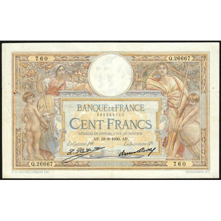 F 24-09b - 18/09/1930 - 100 francs - Merson grands cartouches - Série Q.26667 - Etat : TTB-