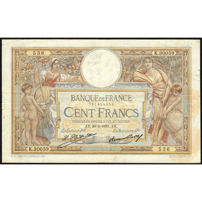 F 24-10 - 30/04/1931 - 100 francs - Merson grands cartouches - Série K.30059 - Etat : TB
