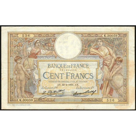 F 24-10 - 30/04/1931 - 100 francs - Merson grands cartouches - Série K.30059 - Etat : TB