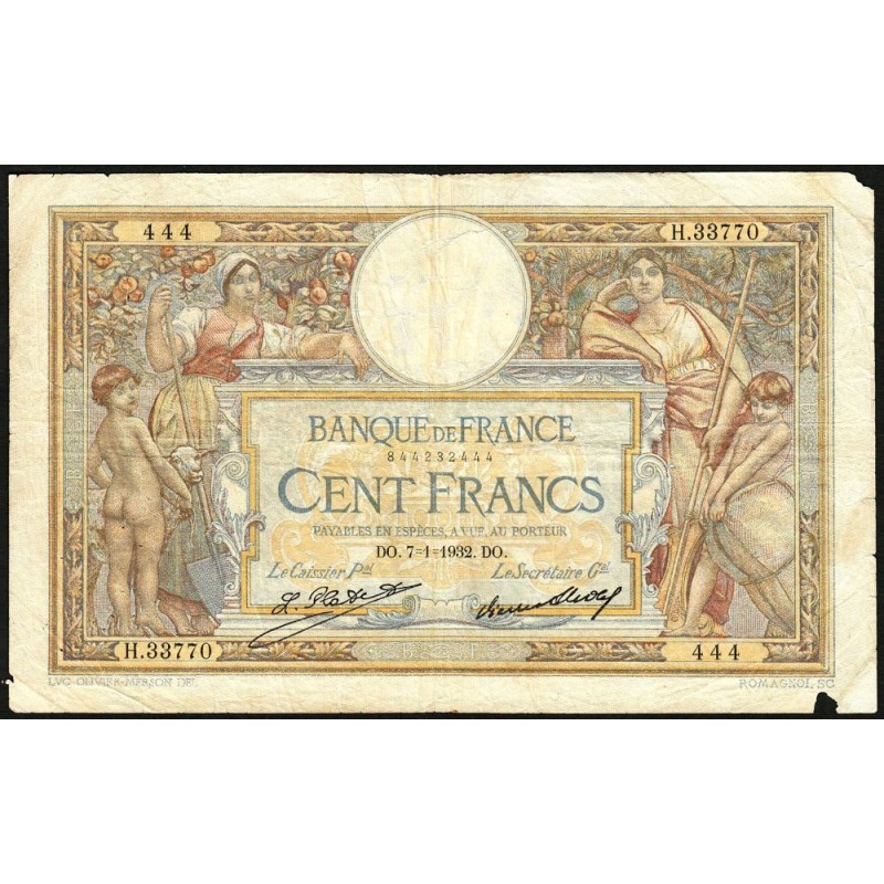 F 24-11 - 07/01/1932 - 100 francs - Merson grands cartouches - Série H.33770 - Etat : B+