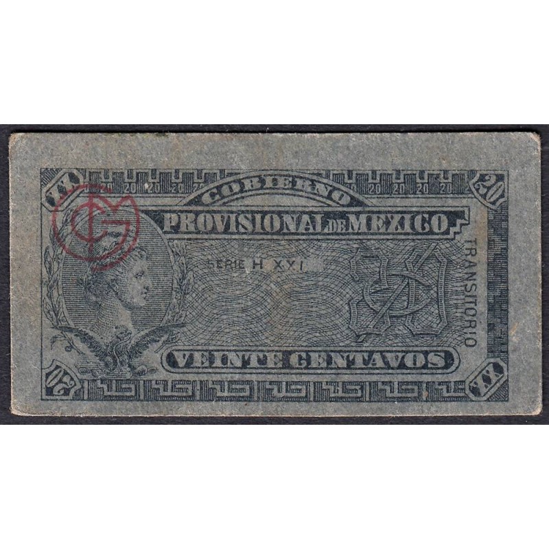 Gouvernement Provisoire du Mexique - Pick S 699 - 20 centavos - Série H XXI - 1914 - Etat : SUP