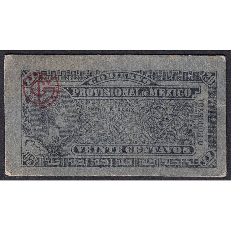 Gouvernement Provisoire du Mexique - Pick S 699 - 20 centavos - Série K XXXIX - 1914 - Etat : TTB+