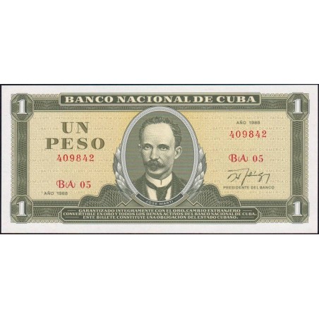 Cuba - Pick 102d - 1 peso - Série BA 05 - 1988 - Etat : NEUF