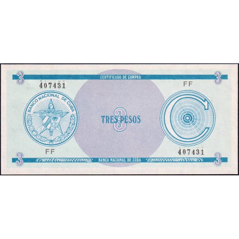 Cuba - Pick FX 12 - 3 pesos - Emission C - Série FF - 1987 - Etat : NEUF