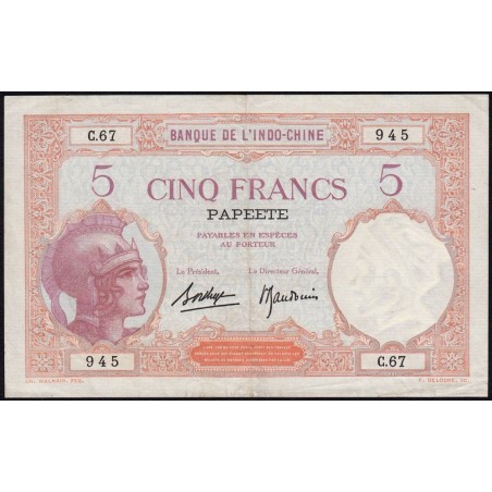 Tahiti - Papeete - Pick 11c - 5 francs - Série C.67 - 1937 - Etat : TTB+