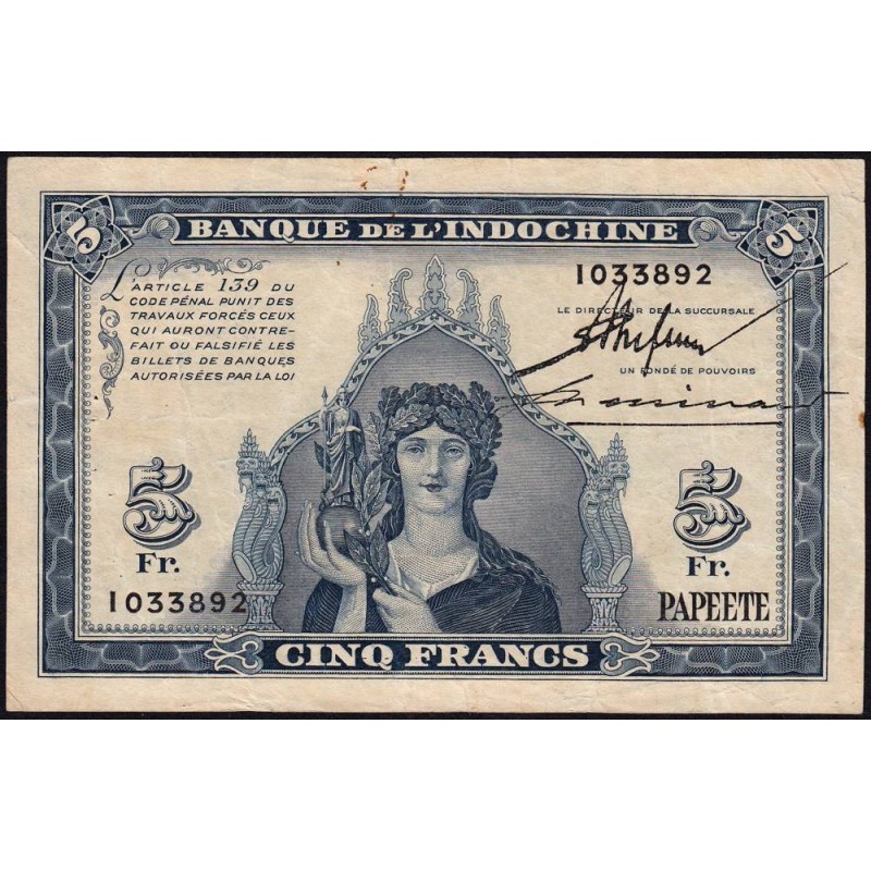 Tahiti - Papeete - Pick 19a - 5 francs - Série I - 1944 - Etat : TTB