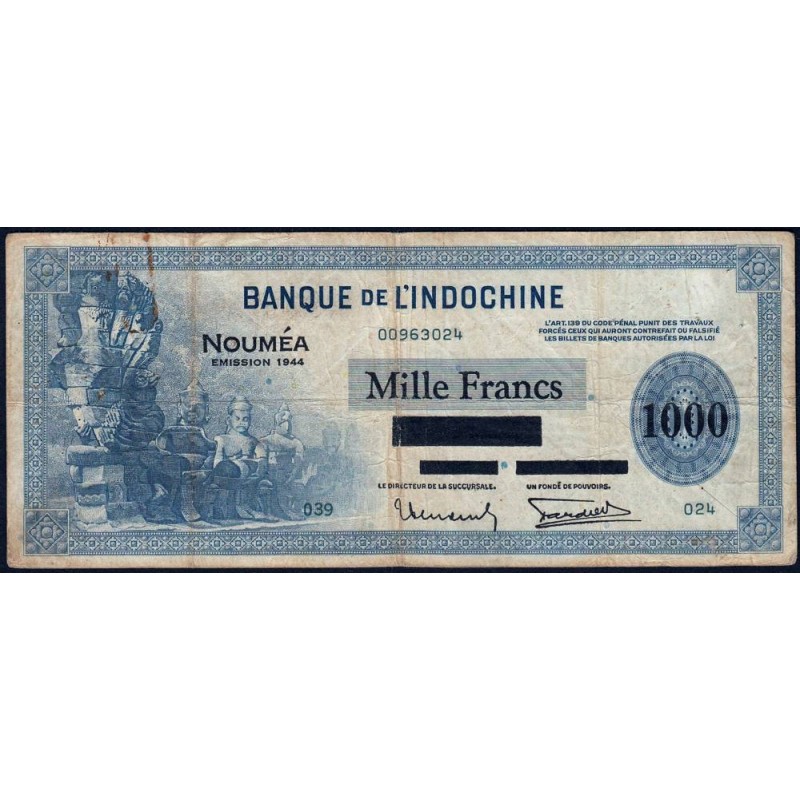 Nouvelle-Calédonie - Nouméa - Pick 47b - 1'000 francs - Série O39 - 1944 - Etat : TB