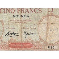 Nouvelle-Calédonie - Nouméa - Pick 36b_2 - 5 francs - Série P.75 - 1937 - Etat : B+ à TB-