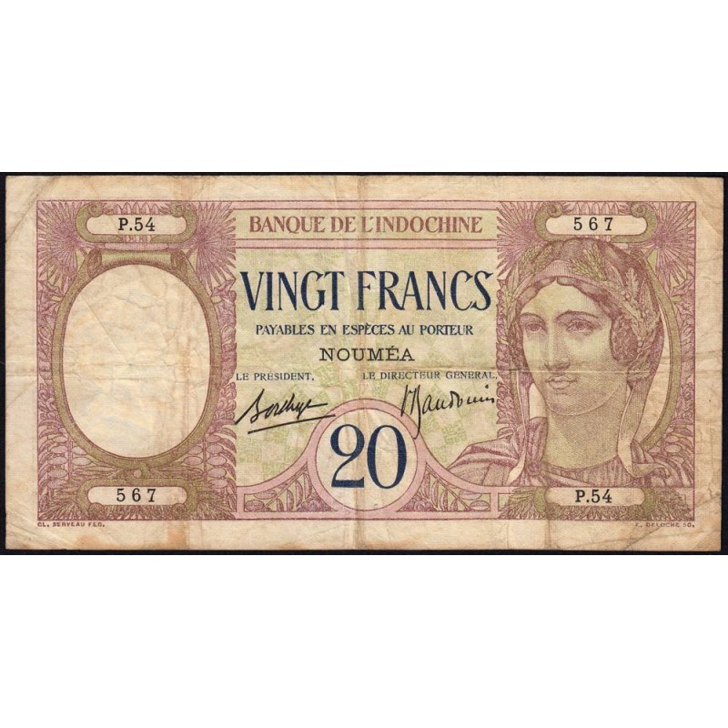 Nouvelle-Calédonie - Nouméa - Pick 37b - 20 francs - Série P.54 - 1937 - Etat : TB à TB+