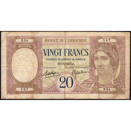 Nouvelle-Calédonie - Nouméa - Pick 37b - 20 francs - Série P.54 - 1937 - Etat : TB à TB+