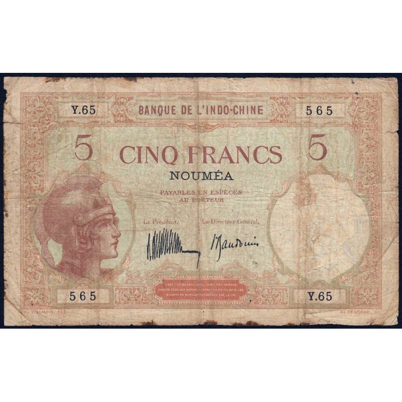 Nouvelle-Calédonie - Nouméa - Pick 36b_1 - 5 francs - Série Y.65 - 1932 - Etat : B