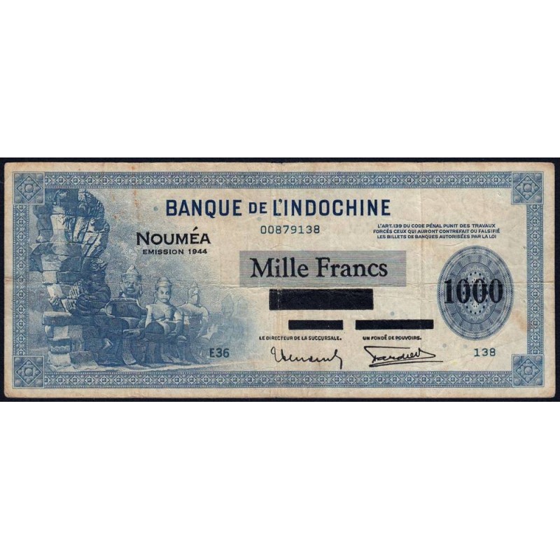 Nouvelle-Calédonie - Nouméa - Pick 47b - 1'000 francs - Série E36 - 1944 - Etat : TB+