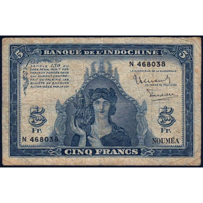 Nouvelle-Calédonie - Nouméa - Pick 48 - 5 francs - Série N - 1944 - Etat : TB-