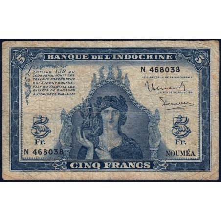 Nouvelle-Calédonie - Nouméa - Pick 48 - 5 francs - Série N - 1944 - Etat : TB-