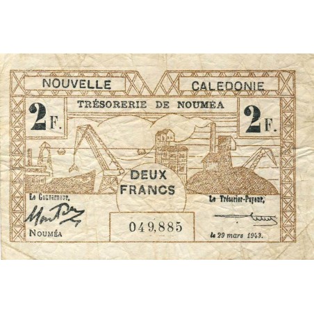 Nouvelle-Calédonie - Nouméa - Pick 56b - 2 francs - 29/03/1943 - Etat : TB-