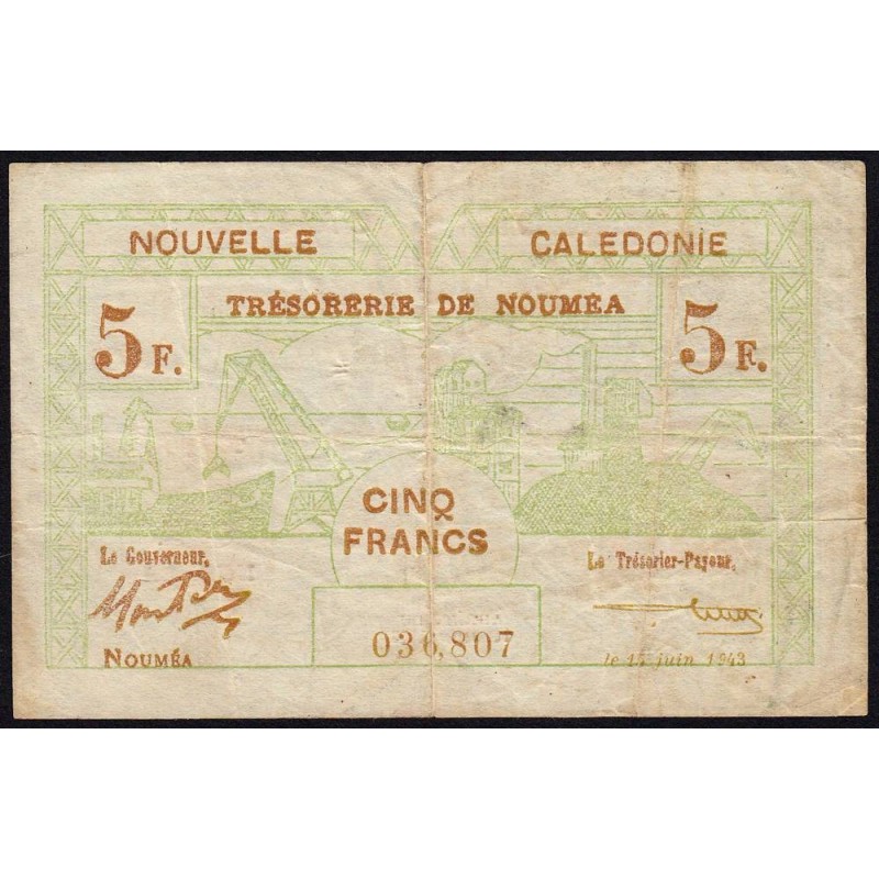 Nouvelle-Calédonie - Nouméa - Pick 58 - 5 francs - 15/06/1943 - Etat : TB