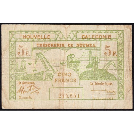 Nouvelle-Calédonie - Nouméa - Pick 58 - 5 francs - 15/06/1943 - Etat : TB