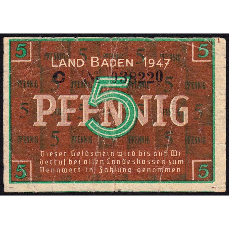 Baden - Occupation Française - Pick S 1001a - 5 pfennig - Série C - 1947 - Etat : TB-