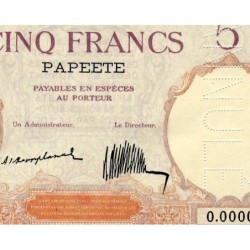 Tahiti - Papeete - Pick 11as - 5 francs - Série O.0000 - 1927 - Spécimen - Etat : SPL