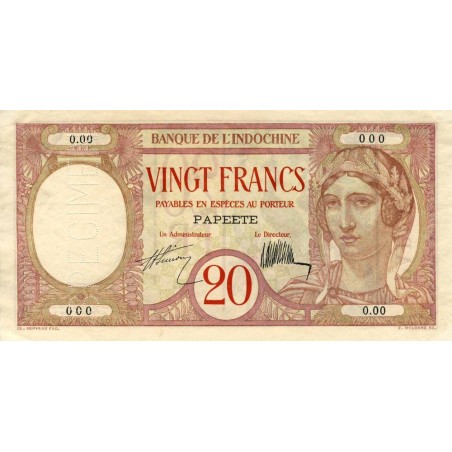 Tahiti - Papeete - Pick 12as - 20 francs - Série O.00 - 1928 - Spécimen - Etat : SUP