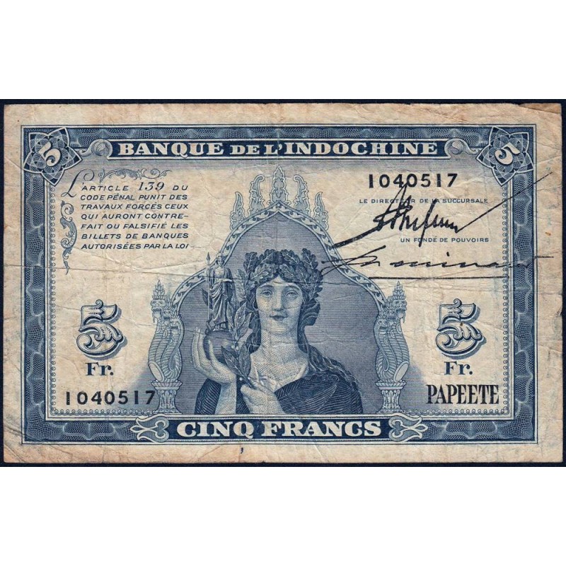 Tahiti - Papeete - Pick 19a - 5 francs - Série I - 1944 - Etat : TB