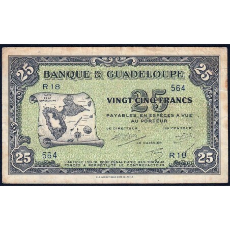 Guadeloupe - Pick 22b - 25 francs - Série R 18 - 1944 - Etat : TB+ à TTB
