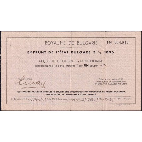 Royaume de Bulgarie - Emprunt de l'Etat - 5% - Série I - 1933 - Etat : TTB