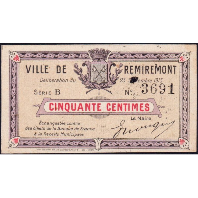 88 - Pirot 61v - Remiremont - 50 centimes - Série B - 23/09/1915 - Etat : NEUF